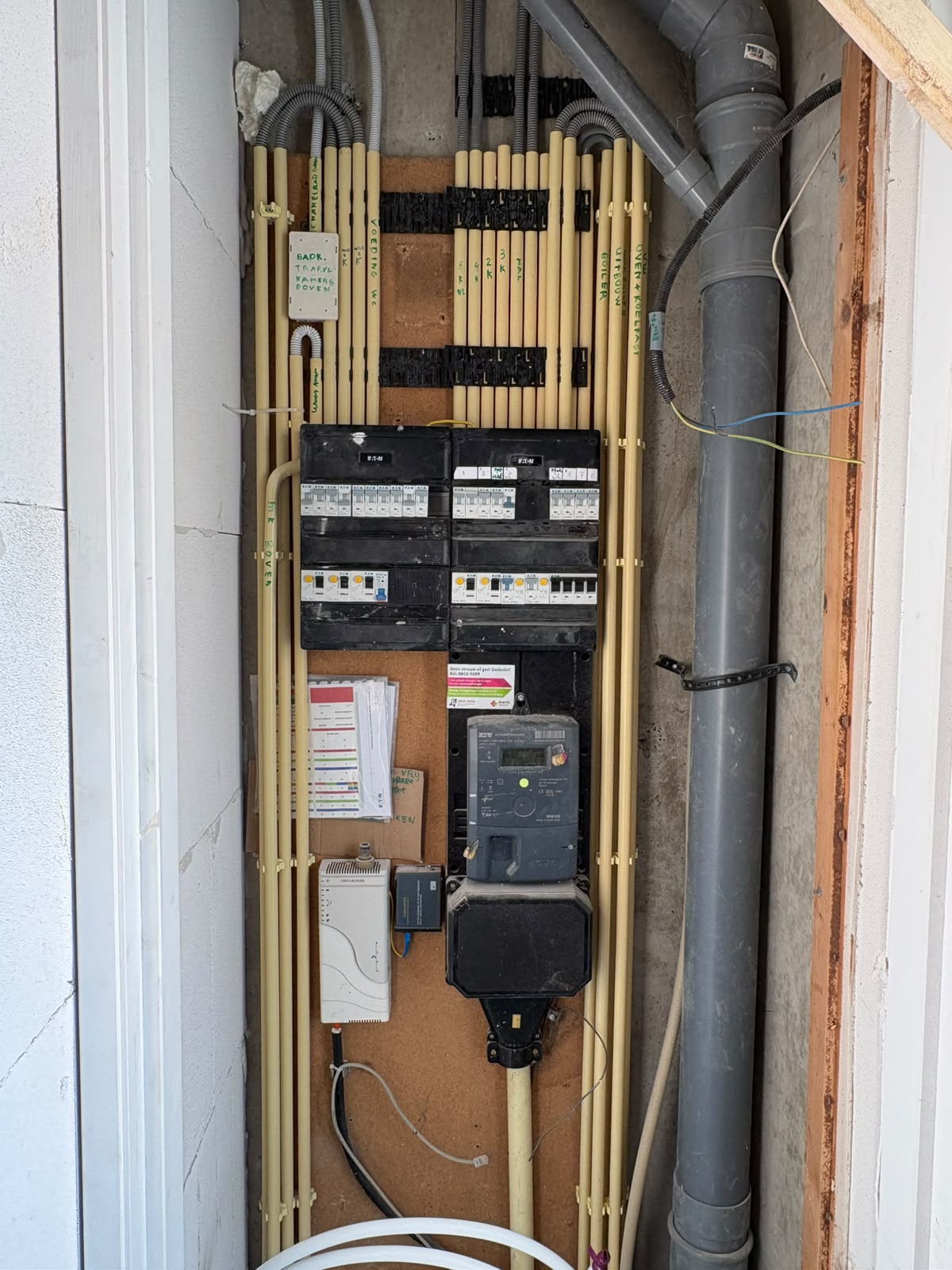 Meterkast met verzamelde installatiebuizen en gelabelde groepen